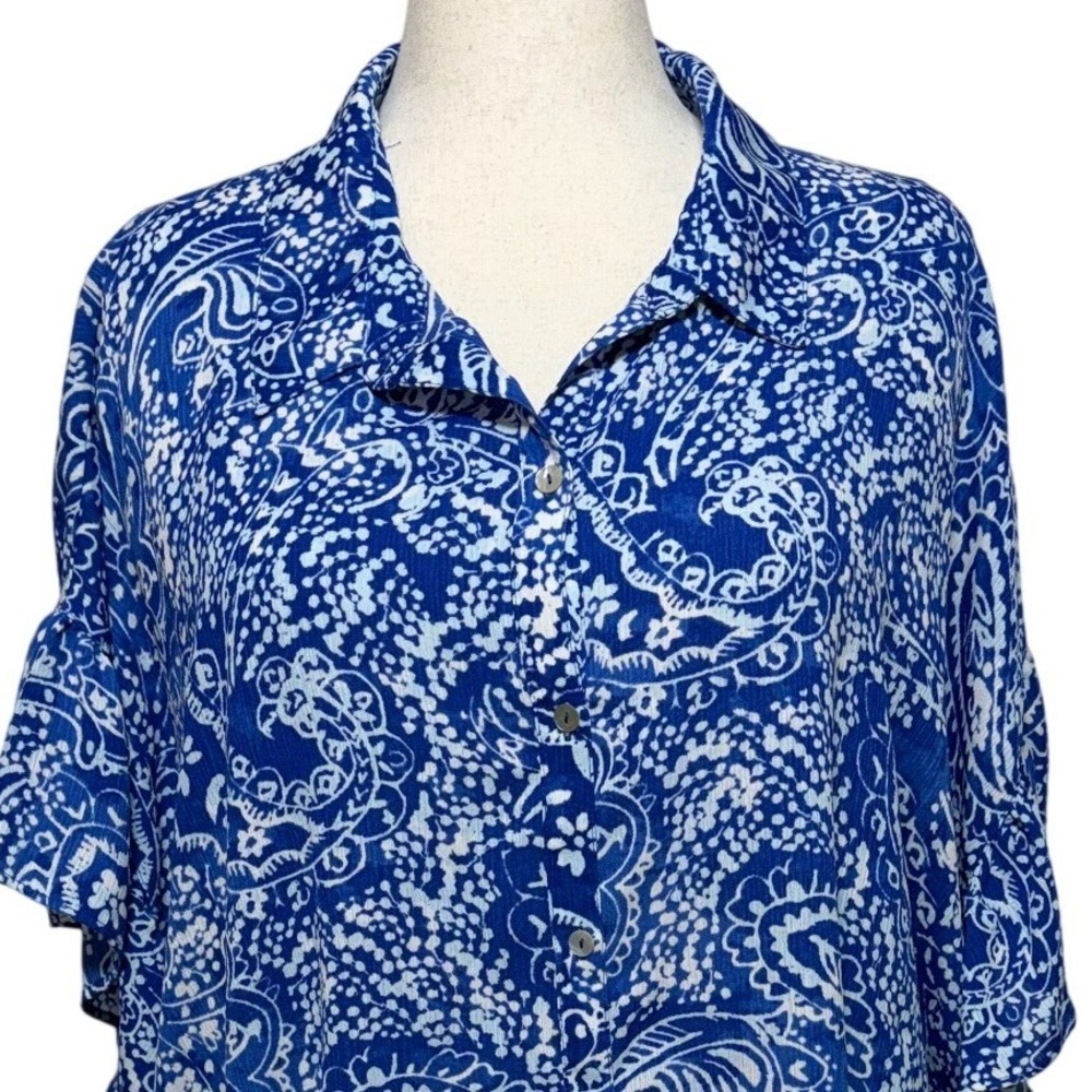 Susan Graver Top Women 3X Blue Button Up Paisley Ruffle Sleeve Collared Blouse
